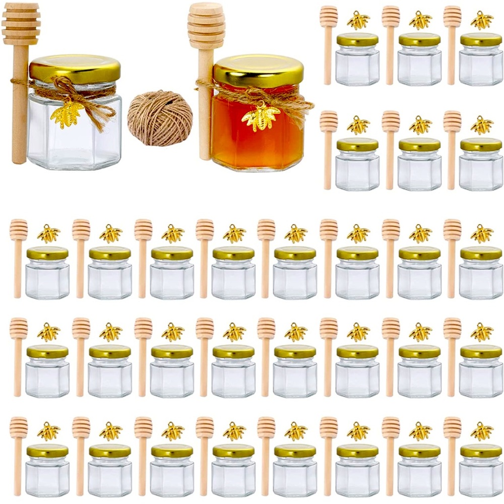32Pcs Premium 1.5 oz Hexagon Mini Glass Jar W/ Wood Dipper Gold Lid DYI Candles